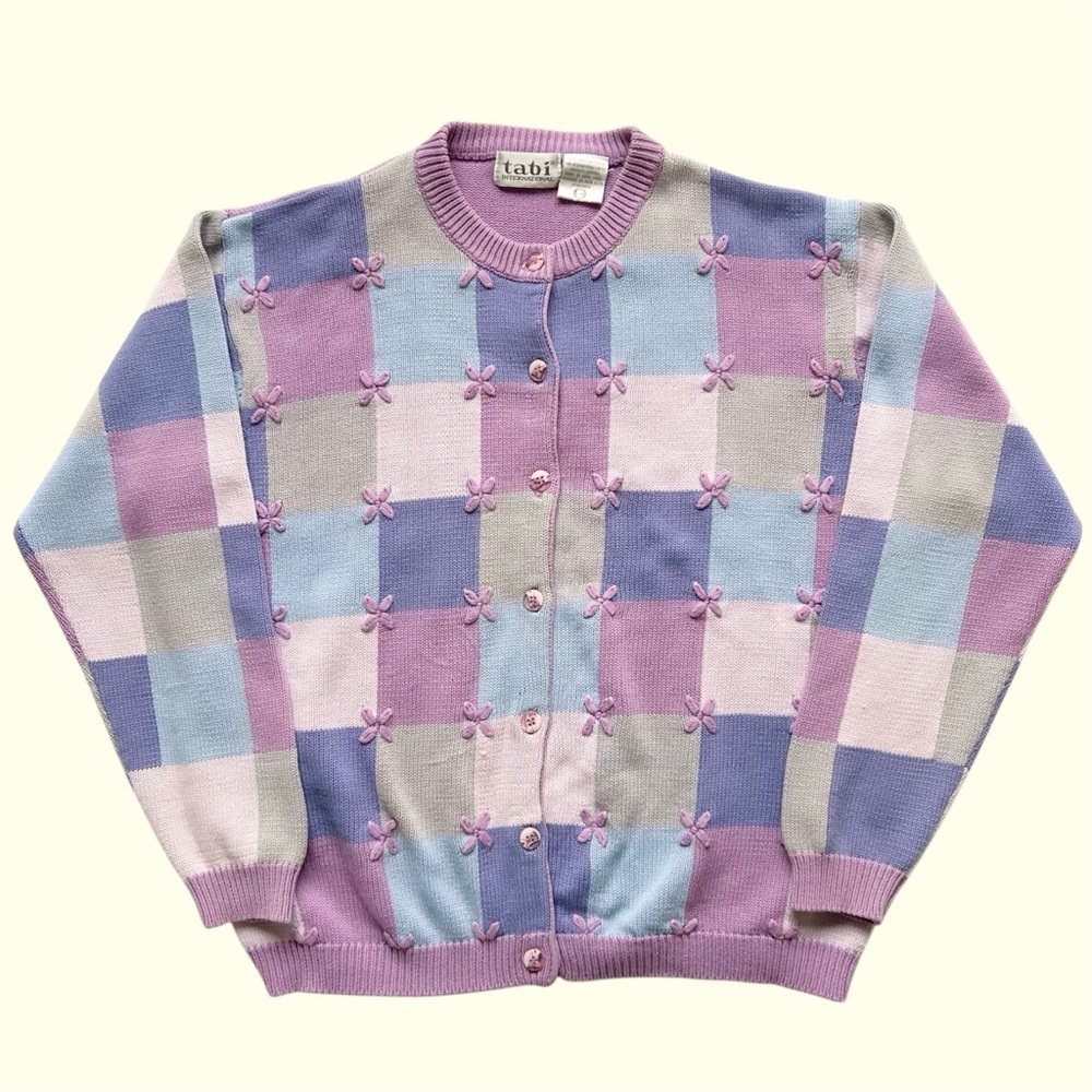 Vintage 90s Tabi Geometric Floral Knit Cardigan Pastel Blue Purple Large - Picture 1 of 4